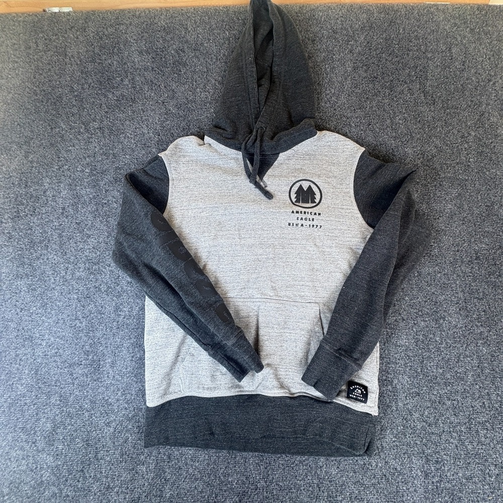 American Eagle Outfitters Hoodie Mens Small Gray Black Spell Out Logo Drawstring